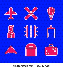 Set Airport runway, Aircraft hangar, Suitcase, Metal detector in airport, Jet fighter, Stewardess, Hot balloon and Plane icon. Vector