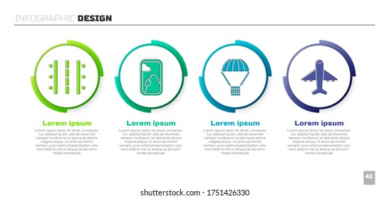Set Airport runway, Airplane window, Box flying on parachute and Plane. Business infographic template. Vector