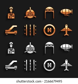 Set Airport runway, Airship, Plane, Helicopter landing pad, Passenger ladder for plane boarding, Aviator hat with goggles, Pilot and propeller icon. Vector