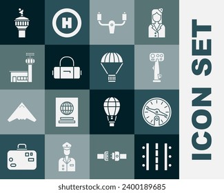 Set Airport runway, Compass, Aircraft steering helm, Suitcase, control tower, Radar and Box flying parachute icon. Vector
