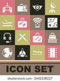 Set Airport runway, Conveyor belt with suitcase, World travel map, Aviation emblem, Suitcase, Plane landing, Drone remote control and Router wi-fi signal icon. Vector