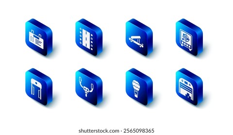 Set Airport runway, Passenger ladder, Radar with targets on monitor, Aircraft hangar, Hot air balloon, steering helm, Metal detector airport and board icon. Vector