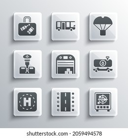 Set Airport runway, Radar with targets on monitor, Fuel tanker truck, Aircraft hangar, Helicopter landing pad, Pilot, Suitcase and Box flying parachute icon. Vector