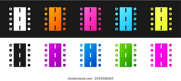 Set Airport runway for taking off and landing aircrafts icon isolated on black and white background.  Vector