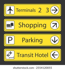 Set of Airport Signs with icons, monochromatic pictograms on yellow banners, collection of navigation icons. vector illustration