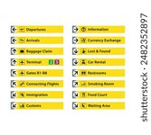 A set of airport signs, wayfinder and information board stock illustration. Black text on yellow background. Editable EPS 10 vector graphic isolated on white background.