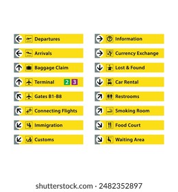 A set of airport signs, wayfinder and information board stock illustration. Black text on yellow background. Editable EPS 10 vector graphic isolated on white background.