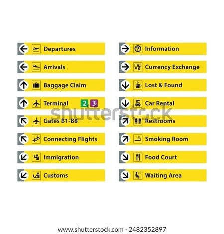 A set of airport signs, wayfinder and information board stock illustration. Black text on yellow background. Editable EPS 10 vector graphic isolated on white background.