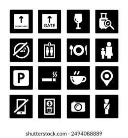 Set of airport vector line icons. icons of lift, taxi, suitcase, stairs, Wifi, Bags, Terminal, toilet, cafe, parking, smoking, waiting chair, restaurant, ban etc. Editable usage.