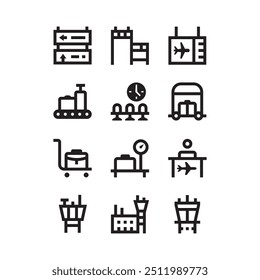 Set of airport vector line icons. line icons of airplane, suitcase, arrival, departure, baggage scanner, scale, waiting room, ticket, trolley, tower, radar tower, terminal, information,etc. Editable u