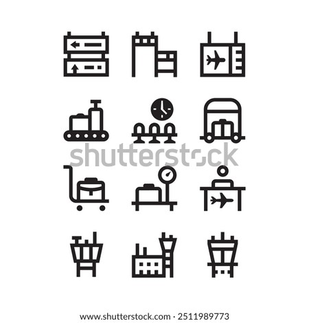 Set of airport vector line icons. line icons of airplane, suitcase, arrival, departure, baggage scanner, scale, waiting room, ticket, trolley, tower, radar tower, terminal, information,etc. Editable u