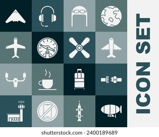 Set Airship, Safety belt, Plane, Aviator hat with goggles, Compass, Jet fighter and propeller icon. Vector