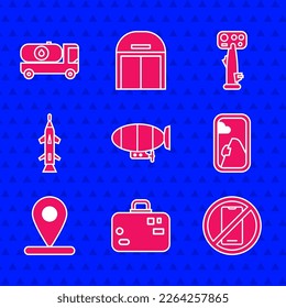 Set Airship, Suitcase, No cell phone, Airplane window, Location, Rocket, Aircraft steering helm and Fuel tanker truck icon. Vector