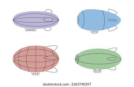 Set of airships in doodle style. Vintage transport.