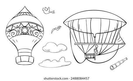 Set of airships early aviation black white contour vector illustration isolated. Dirigible ink outline hand drawn. Spyglass and bird, clouds graphic line art drawn . Retro hot air balloons coloring