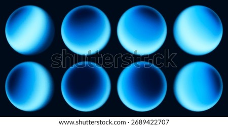 Set of airy blue glowing gradient spheres. Gently illuminated blue glowing spheres with beautiful smooth gradients for creative banners, visual effects, digital art compositions, futuristic projects