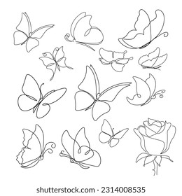 Set of airy linen butterflies, outline and graphic minimalism.