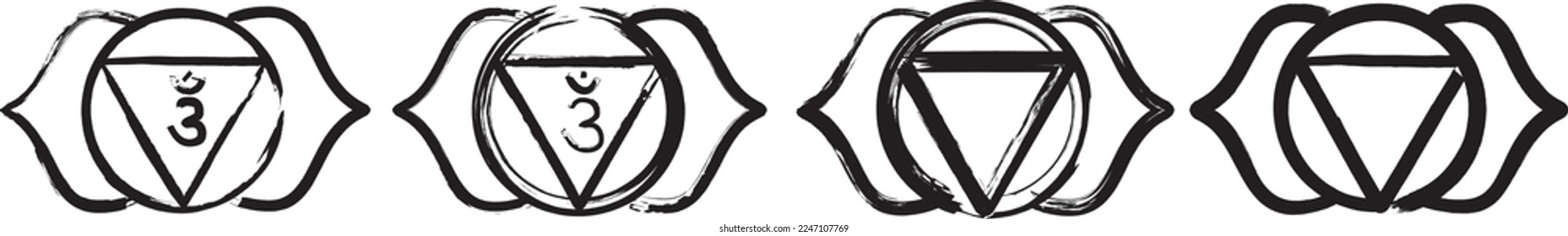 Set of the Ajna symbols. Ajna is a traditionally Hindu symbol that represents the third-eye Chakra. Black ink handwriting. Vector