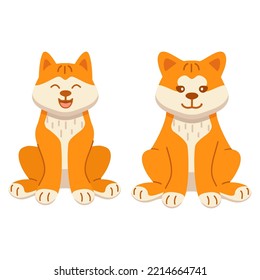 Set akita Inu smiling is a breed of dog sit.Cute pet animal.Dog face cartoon.Hand drawn vector flat.