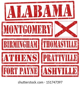 Set of Alabama cities stamps on white background, vector illustration