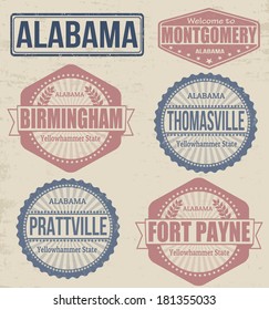 Set of Alabama cities stamps on vintage background, vector illustration