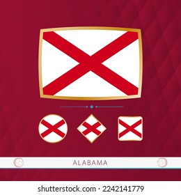 Set of Alabama flags with gold frame for use at sporting events on a burgundy abstract background. Vector collection of flags.