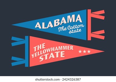 Set of Alabama pennants. Vintage retro graphic flag, pennant, star, sign, symbols of USA. The Cotton State, the Yellowhammer State.