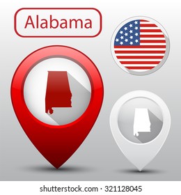 Set of Alabama state with flag America and map pointer