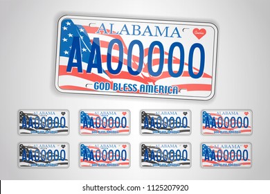 Set Alabamaauto license plate. Detailed object. Flat vector illustration