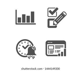 Set of Alarm bell, Checkbox and Report diagram icons. Web report sign. Time, Survey choice, Financial market. Graph chart.  Classic design alarm bell icon. Flat design. Vector