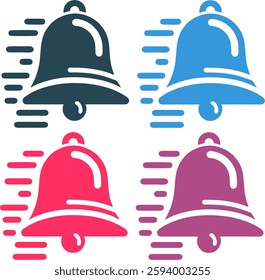  A set of alarm bell icons featuring motion lines, symbolizing urgency, notifications, and security alerts in various vibrant colors, ideal for warning graphics