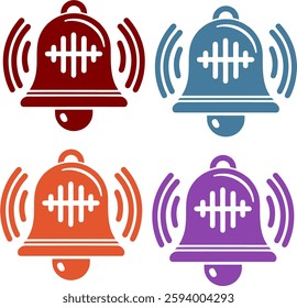 A set of alarm bell icons with sound waves and equalizer lines, symbolizing notifications, alerts, and emergency warnings. Ideal for security and caution designs