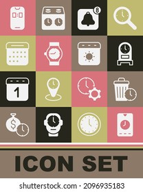 Set Alarm clock app mobile, Waste of time, Antique, Wrist watch, Calendar,  and summer icon. Vector