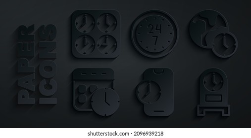 Set Alarm clock app mobile, World time, Calendar and, Antique, Clock 24 hours and Time zone clocks icon. Vector