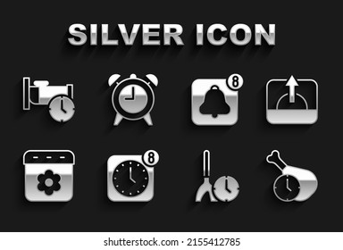 Establece la aplicación de reloj de alarma móvil, Sunrise, Food time, Cleaning, Calendar spring, Time to sleep e icon. Vector