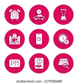 Set Alarm clock app mobile, Time for book, Calendar search, is money, Day time, Project plan, Old hourglass with sand and  icon. Vector