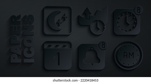 Set Alarm clock app mobile, Calendar, Morning time, Stocks market growth graphs and Moon and stars icon. Vector