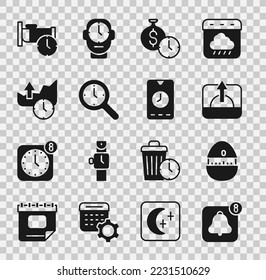 Set Alarm clock app mobile, Kitchen timer, Sunrise, Time money, Magnifying glass with, Stocks market growth graphs, sleep and  icon. Vector