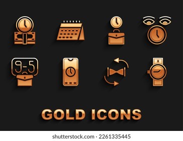 Set Alarm clock app mobile, Clock, Wrist watch, Old hourglass with sand, From 9, Work time, Time money and Calendar icon. Vector