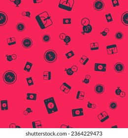 Set Alarm clock app mobile, Sunrise, Day time and Time money on seamless pattern. Vector