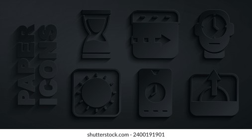 Set Alarm clock app mobile, Clock, Sun, Sunrise, Time flies on the and Old hourglass icon. Vector