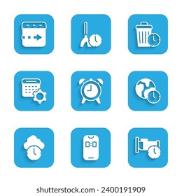 Set Alarm clock, app mobile, Time to sleep, World time, Clock, Calendar settings, Waste of and flies on the icon. Vector