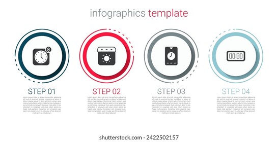 Set Alarm clock app mobile, Calendar summer,  and Digital alarm. Business infographic template. Vector