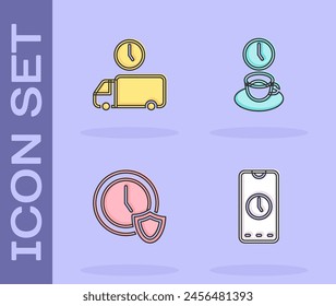 Set Alarm clock app mobile, Delivery time, Clock with shield and Coffee icon. Vector