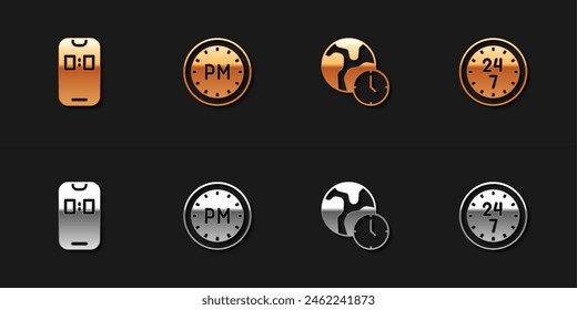 Set Alarm clock app mobile, Day time, World and Clock 24 hours icon. Vector