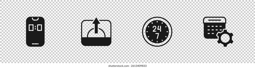Set Alarm clock app mobile, Sunrise, Clock 24 hours and Calendar settings icon. Vector