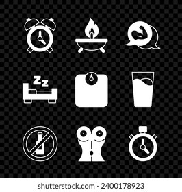 Set Alarm clock, Aroma candle, Bodybuilder muscle, No alcohol, Women waist, Stopwatch, Time sleep and Bathroom scales icon. Vector