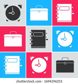 Set Alarm clock, Briefcase and Notebook icon. Vector