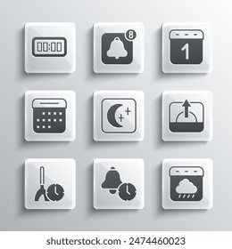 Set Alarm clock, Calendar autumn, Sunrise, Moon and stars, Cleaning time, Digital alarm and  icon. Vector