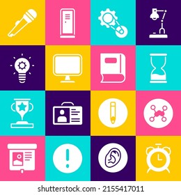 Set Alarm clock, Chemical formula, Old hourglass, Timing belt kit, Computer monitor, Light bulb, Microphone and Book icon. Vector